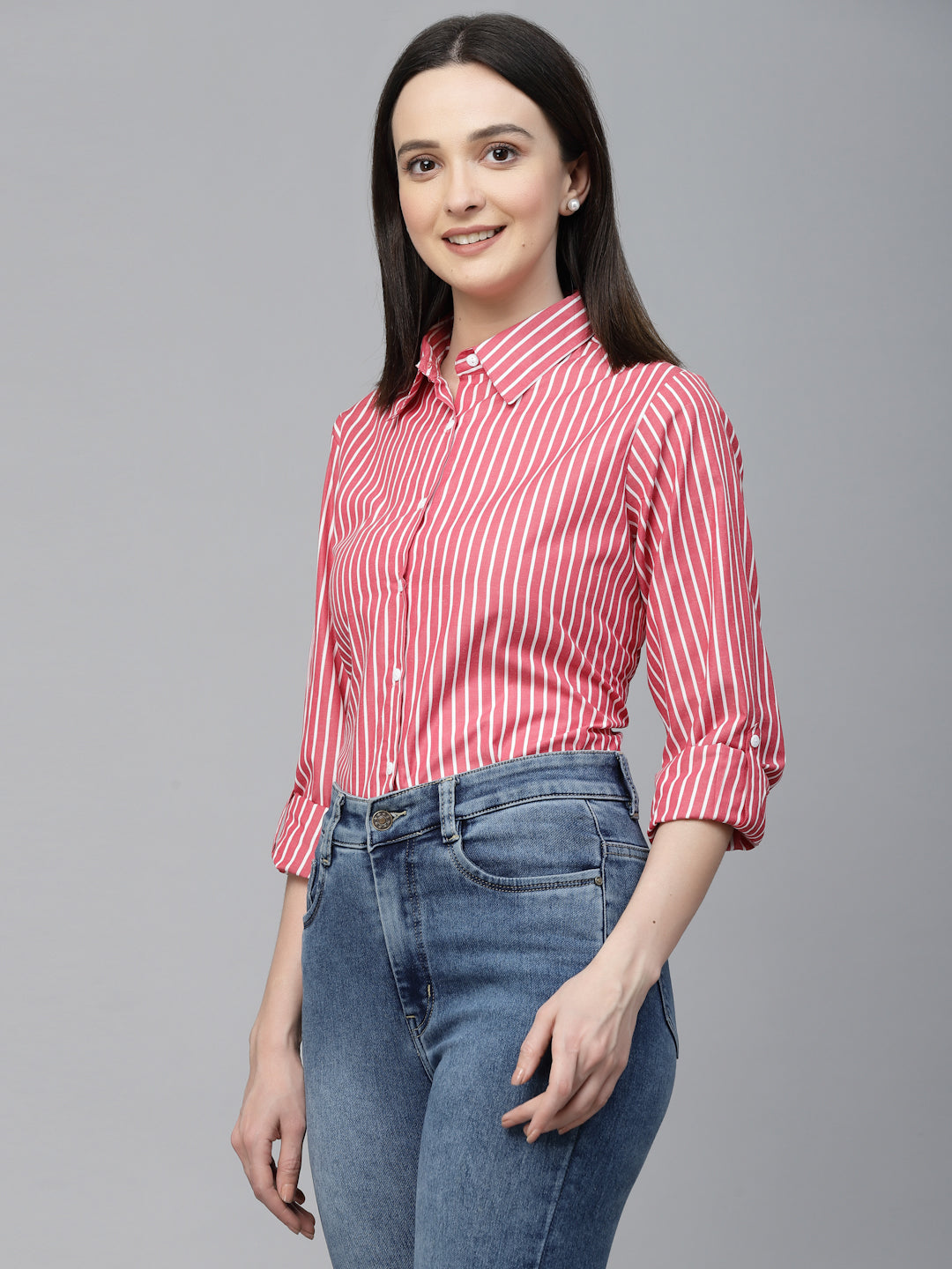 Style Quotient Women Red And White Stripe Polycotton Regular Formal Shirt-Shirts-StyleQuotient