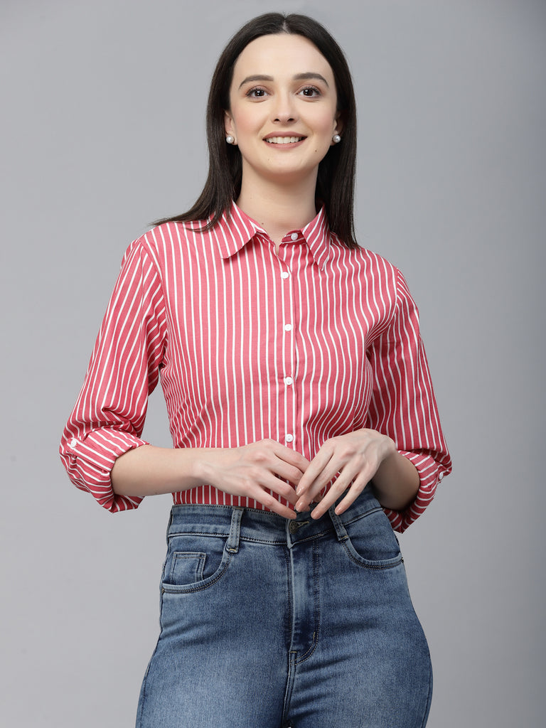 Style Quotient Women Red And White Stripe Polycotton Regular Formal Shirt-Shirts-StyleQuotient