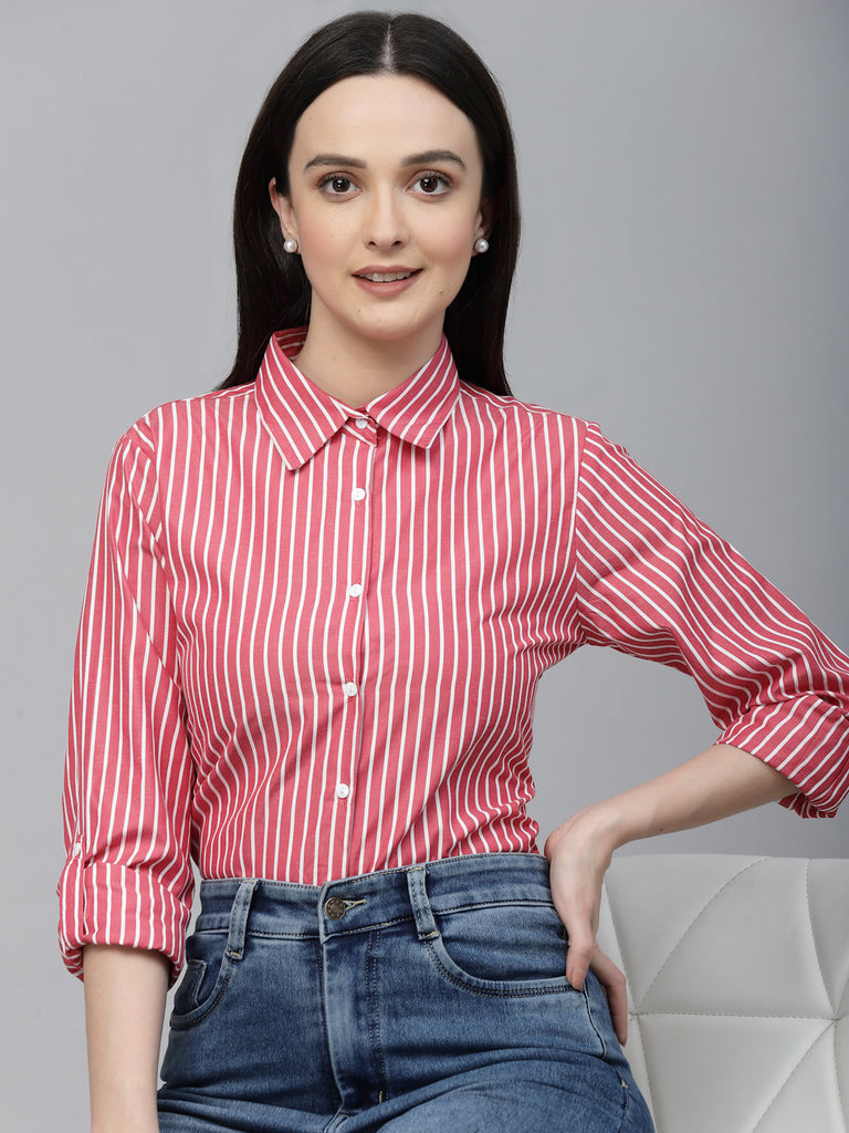 Style Quotient Women Red And White Stripe Polycotton Regular Formal Shirt-Shirts-StyleQuotient