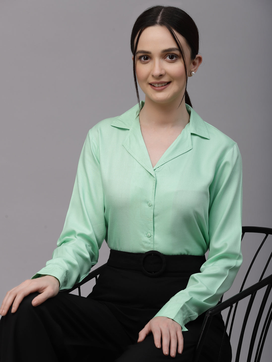 Style Quotient Women Mint Green Solid Twill Rayon Regular Formal Shirt-Shirts-StyleQuotient