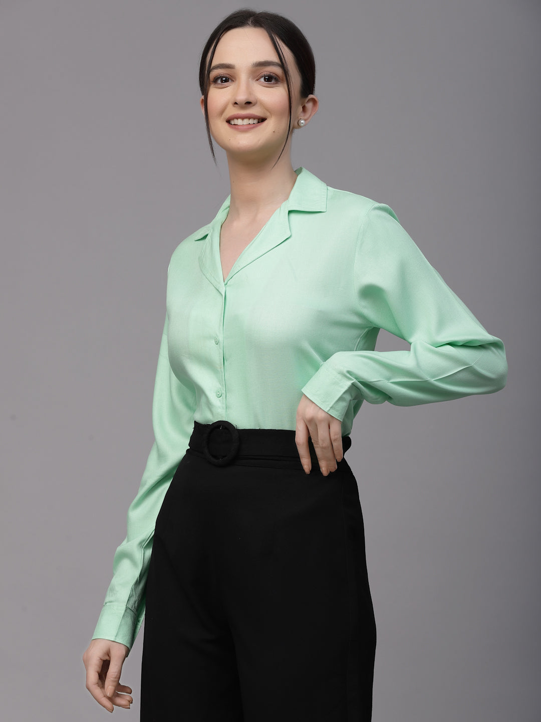 Style Quotient Women Mint Green Solid Twill Rayon Regular Formal Shirt-Shirts-StyleQuotient