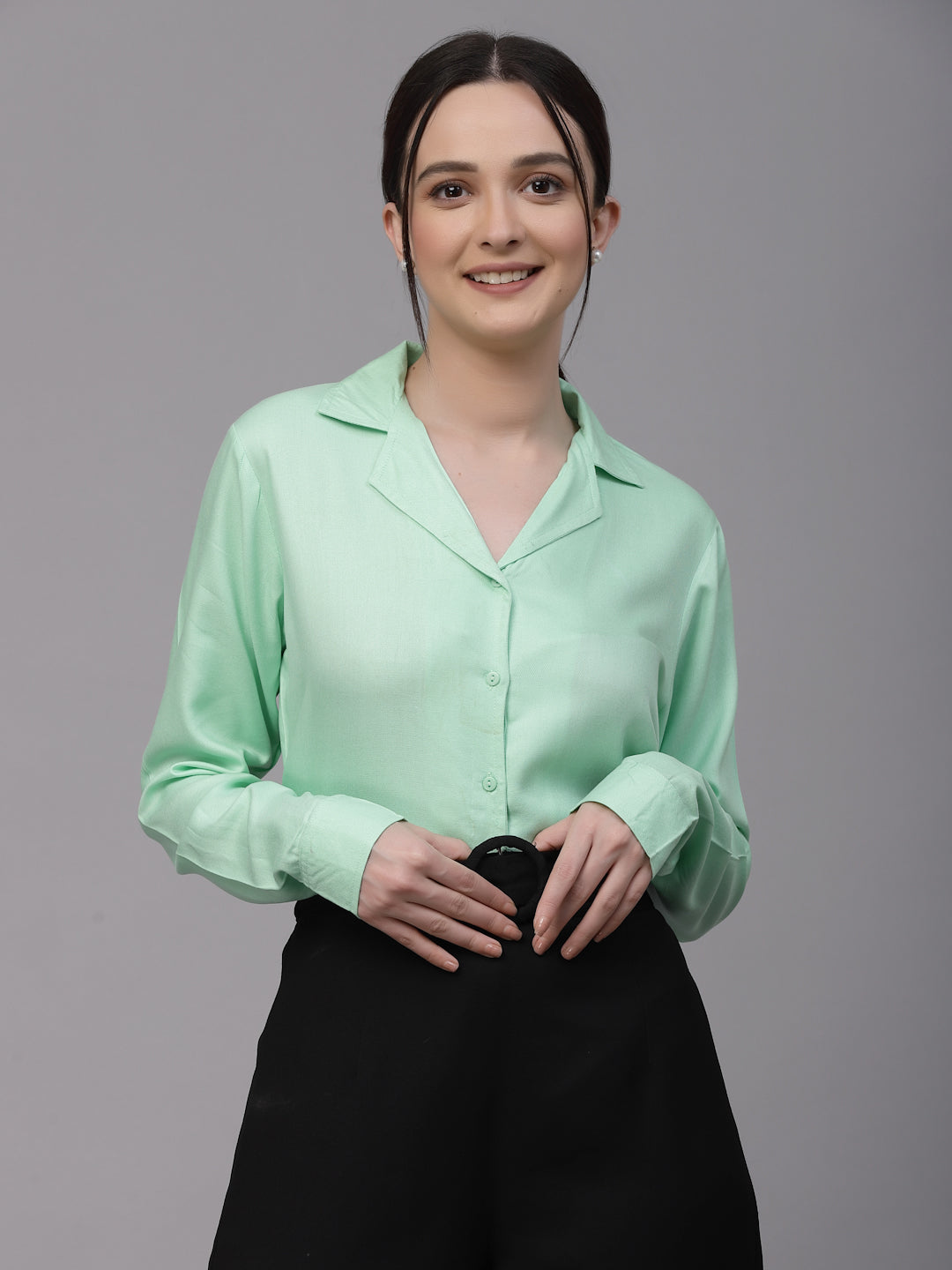 Style Quotient Women Mint Green Solid Twill Rayon Regular Formal Shirt-Shirts-StyleQuotient