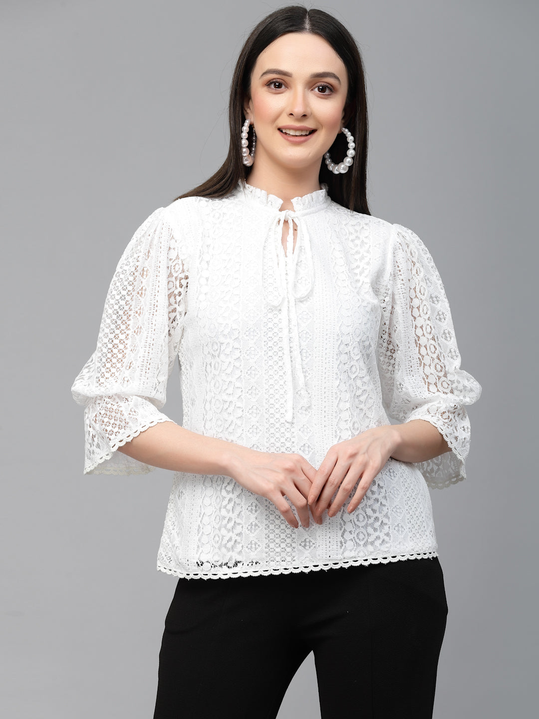 Style Quotient Women White Self Design Lace Regular Smart Casual Top-Tops-StyleQuotient