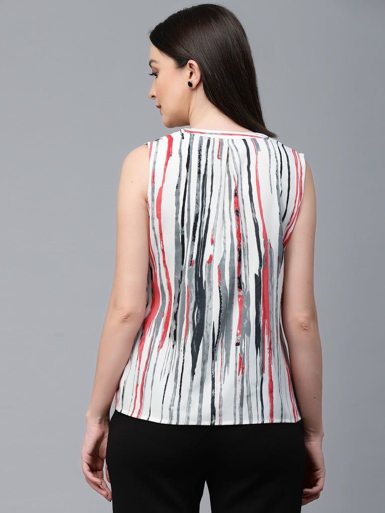Style Quotient Women Off White And Multi Stripe Polyester Regular Smart Casual Sleeveless Top-Tops-StyleQuotient