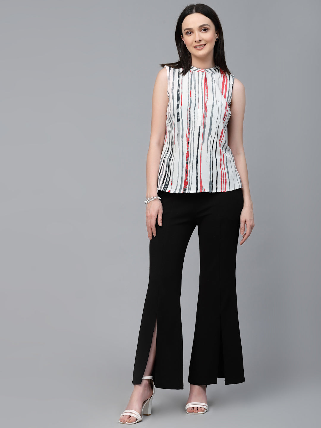 Style Quotient Women Off White And Multi Stripe Polyester Regular Smart Casual Sleeveless Top-Tops-StyleQuotient