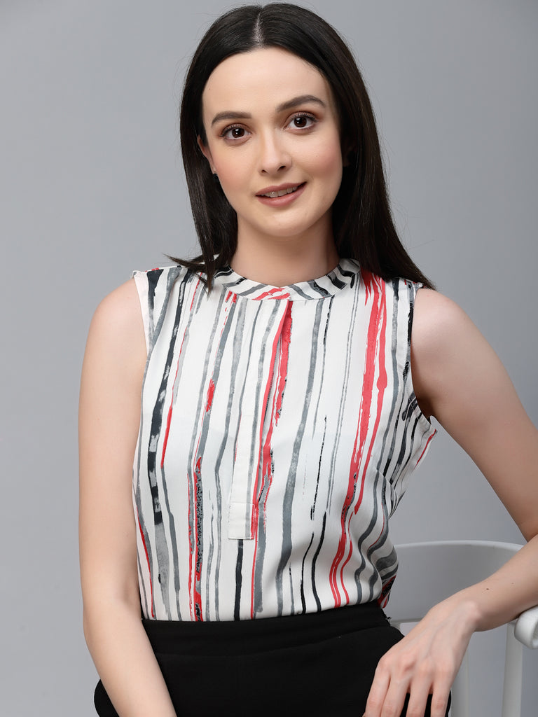Style Quotient Women Off White And Multi Stripe Polyester Regular Smart Casual Sleeveless Top-Tops-StyleQuotient