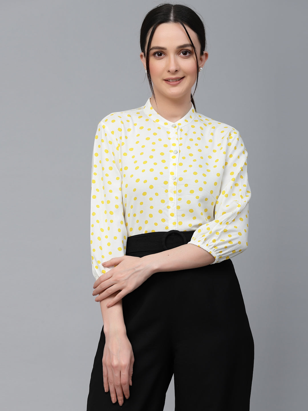 Style Quotient Women White And Yellow Polka Dot Rayon Regular Smart Casual Shirt-Shirts-StyleQuotient