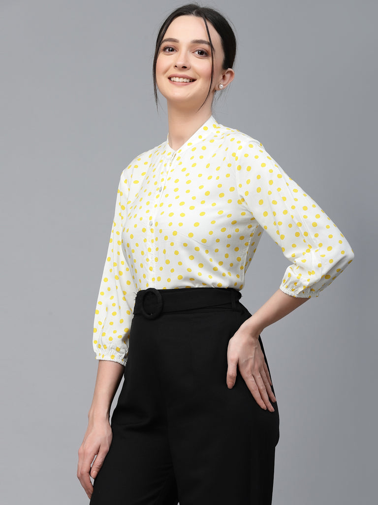Style Quotient Women White And Yellow Polka Dot Rayon Regular Smart Casual Shirt-Shirts-StyleQuotient