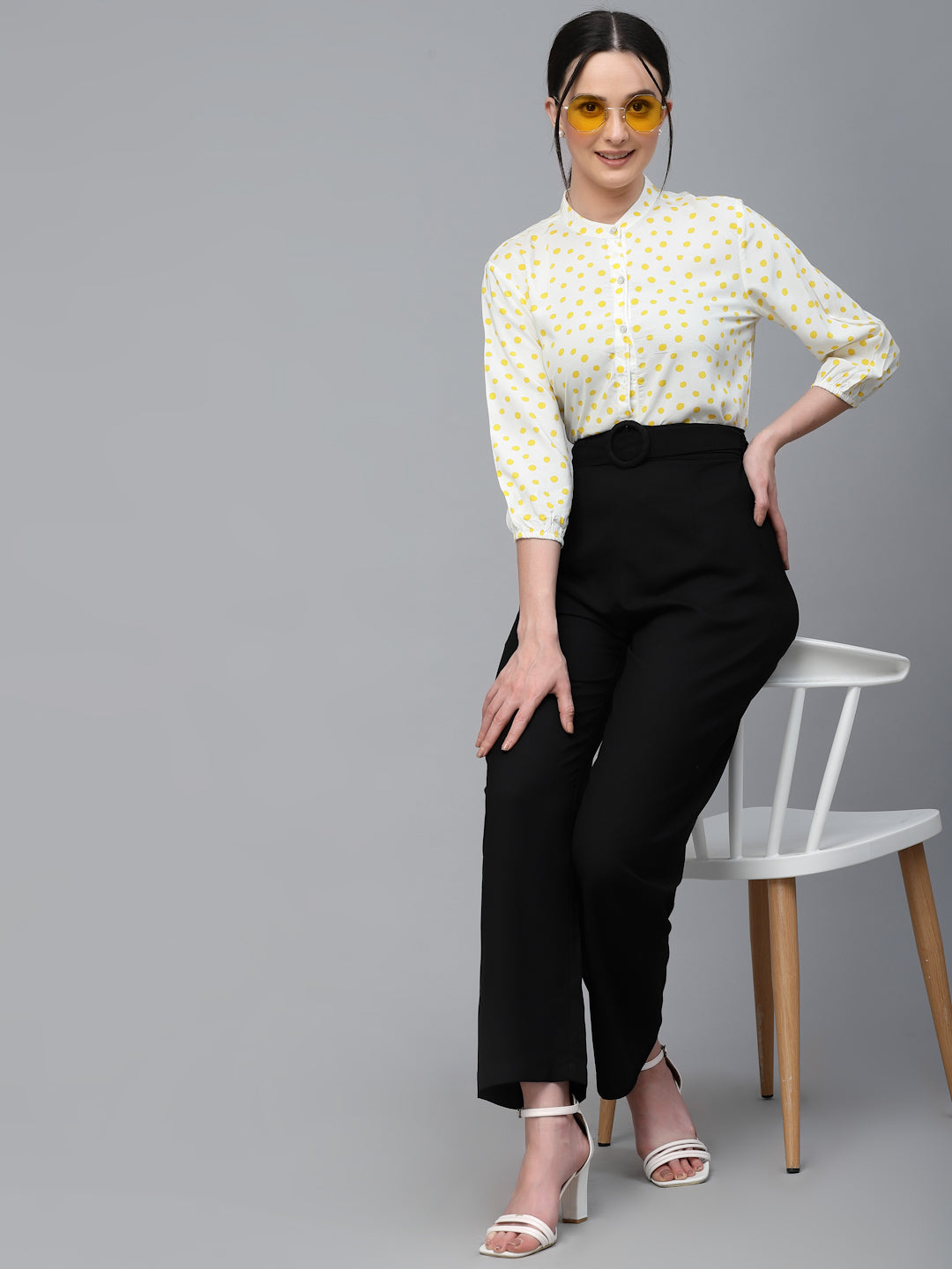 Style Quotient Women White And Yellow Polka Dot Rayon Regular Smart Casual Shirt-Shirts-StyleQuotient