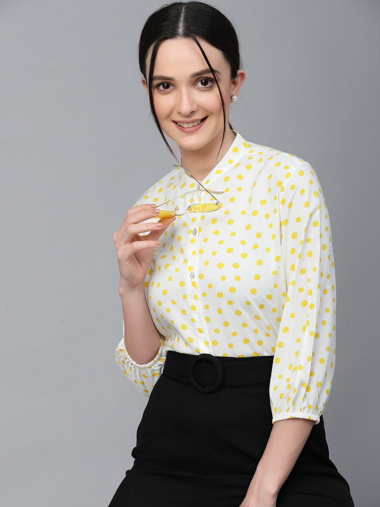 Style Quotient Women White And Yellow Polka Dot Rayon Regular Smart Casual Shirt-Shirts-StyleQuotient