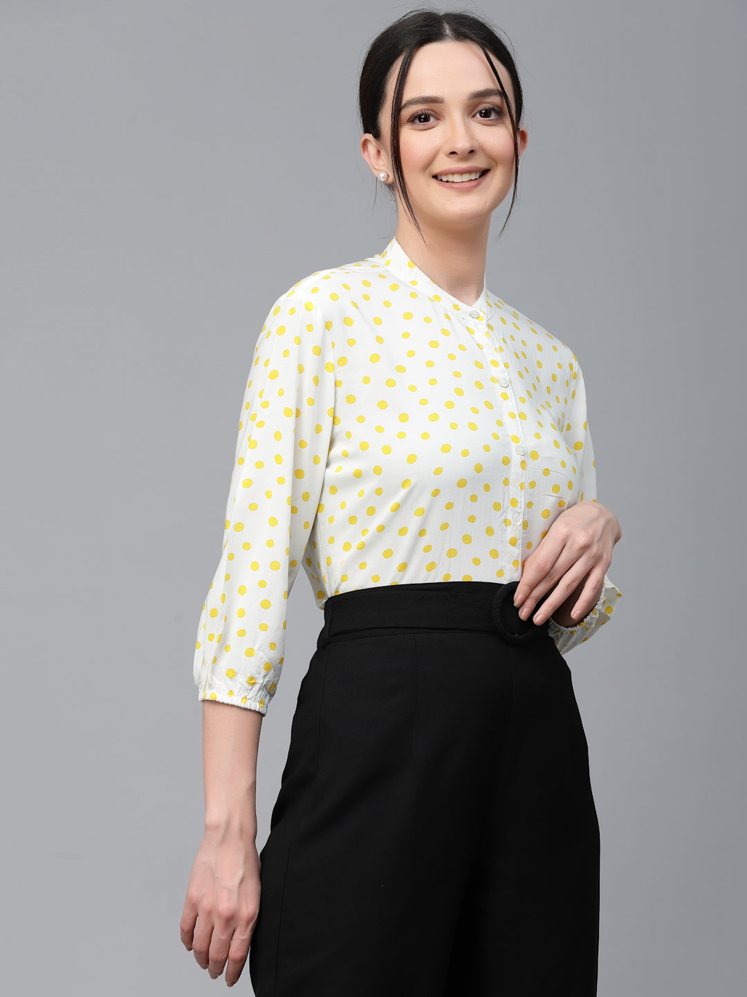 Style Quotient Women White And Yellow Polka Dot Rayon Regular Smart Casual Shirt-Shirts-StyleQuotient