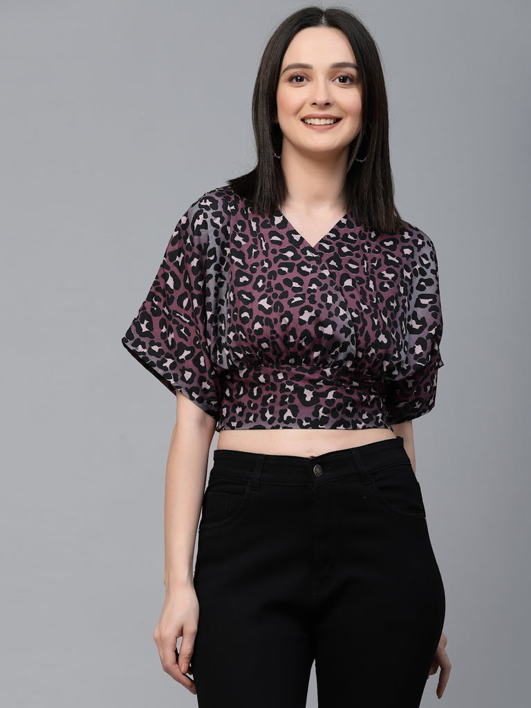 Style Quotient Women Purple and Multi Animal Printed Polyester Regular Smart Casual Crop Top-Tops-StyleQuotient