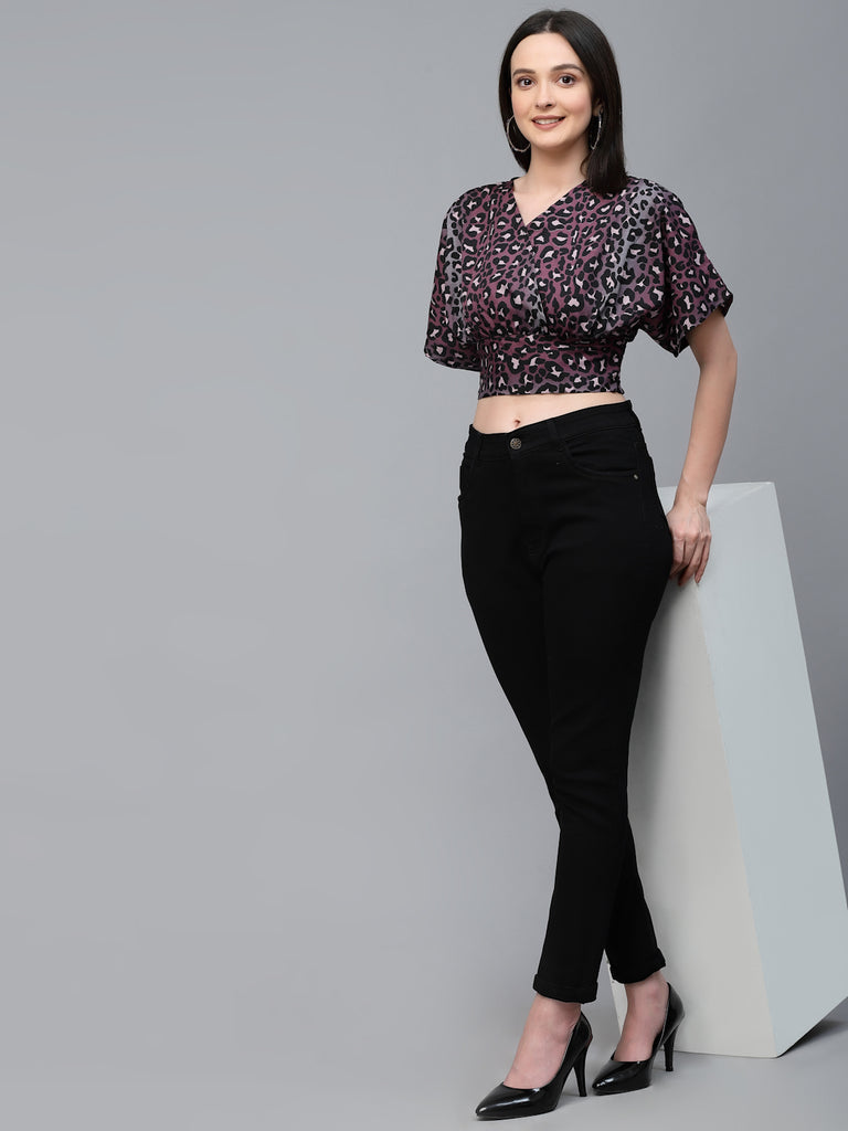 Style Quotient Women Purple and Multi Animal Printed Polyester Regular Smart Casual Crop Top-Tops-StyleQuotient