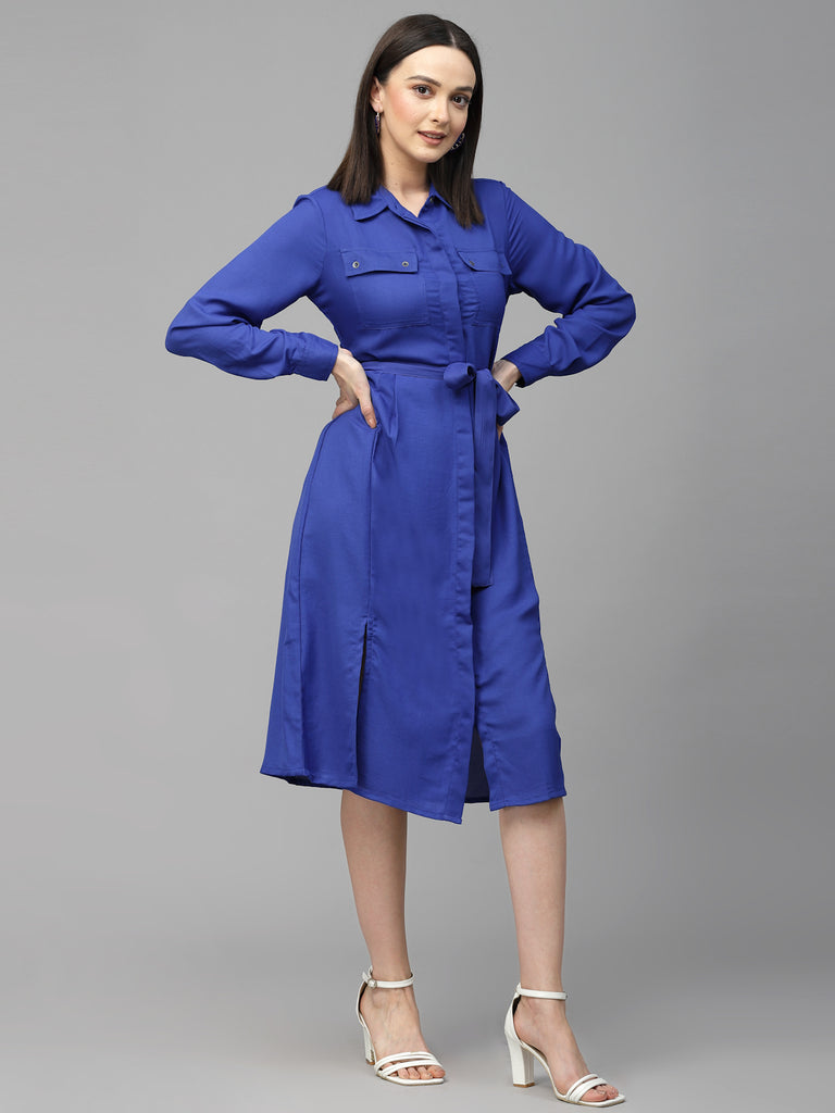 Style Quotient Women Solid Cobalt Blue Polyester Regular Smart Casual Shirt Dress.-Dressers-StyleQuotient