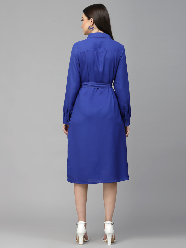 Style Quotient Women Solid Cobalt Blue Polyester Regular Smart Casual Shirt Dress.-Dressers-StyleQuotient