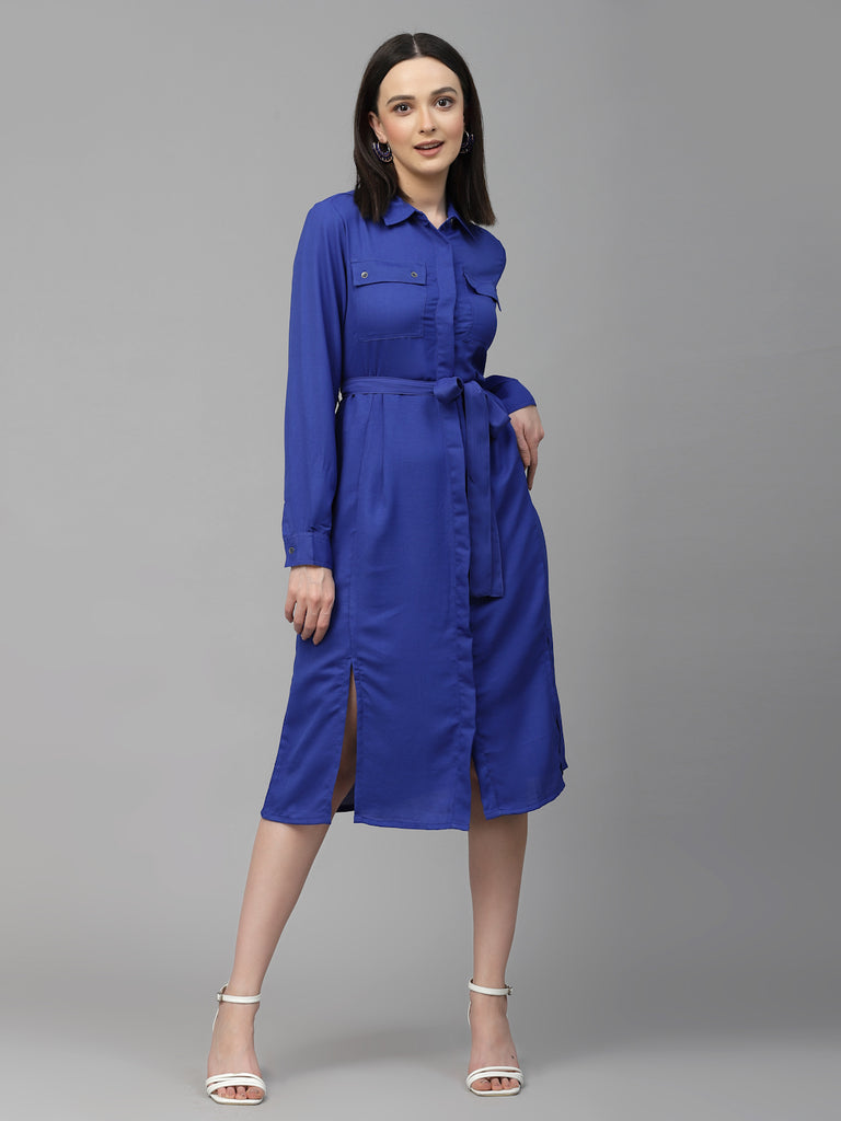 Style Quotient Women Solid Cobalt Blue Polyester Regular Smart Casual Shirt Dress.-Dressers-StyleQuotient