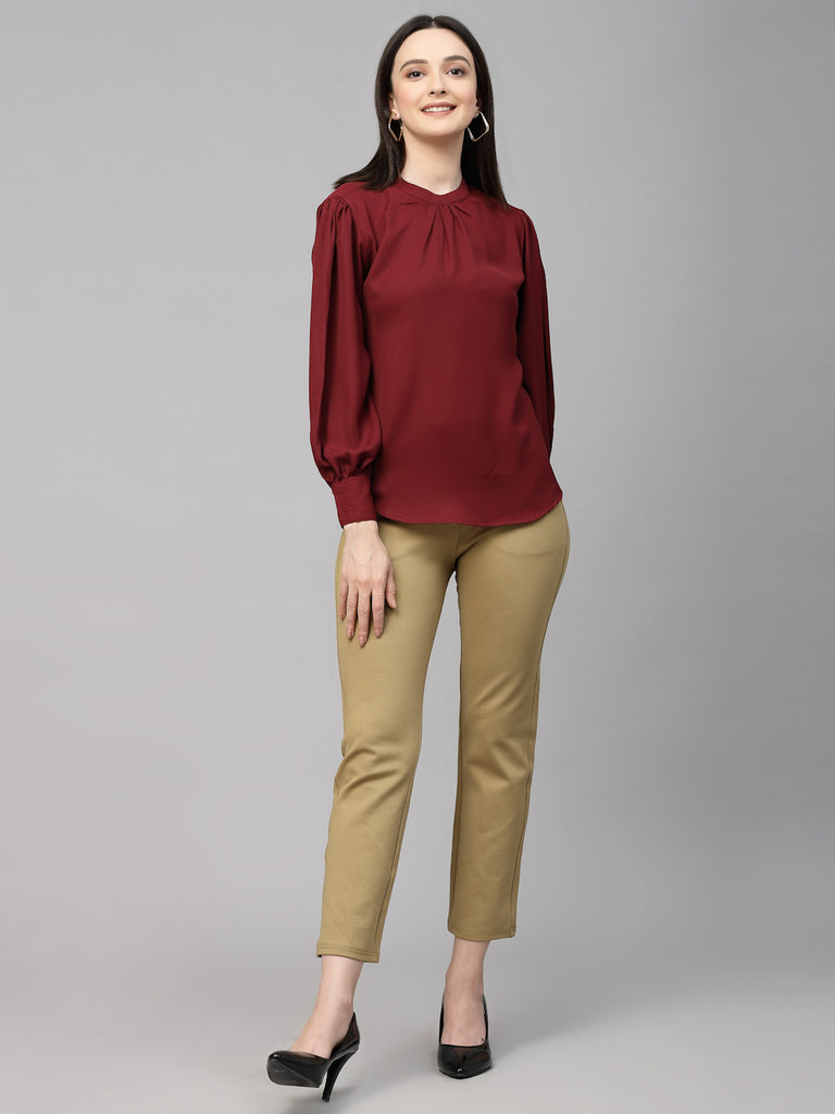 Style Quotient Women Maroon Solid Polyester Regular Smart Casual Top-Tops-StyleQuotient