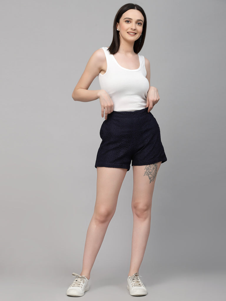 Style Quotient Women Navy Self Design Nylon Lace Relaxed Smart Casual Shorts-Shorts-StyleQuotient