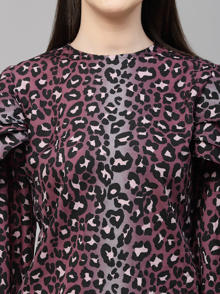 Style Quotient Women Purple and Black Polyester Animal Printed Regular Smart Casual Top-Tops-StyleQuotient