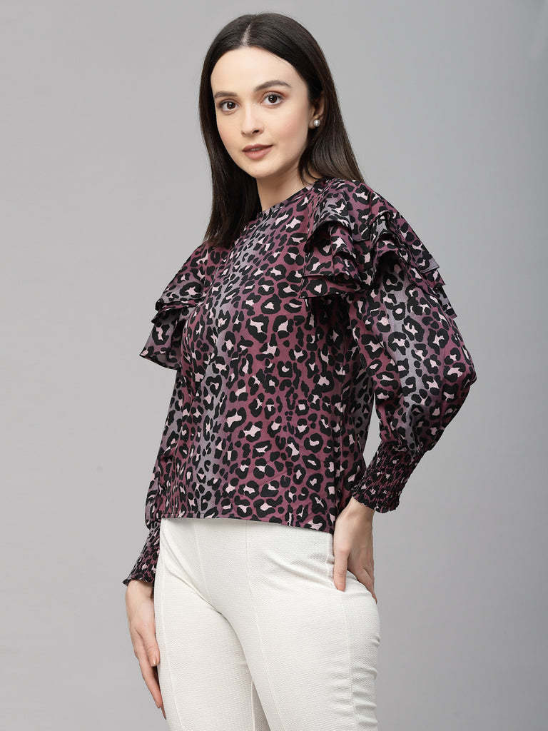 Style Quotient Women Purple and Black Polyester Animal Printed Regular Smart Casual Top-Tops-StyleQuotient