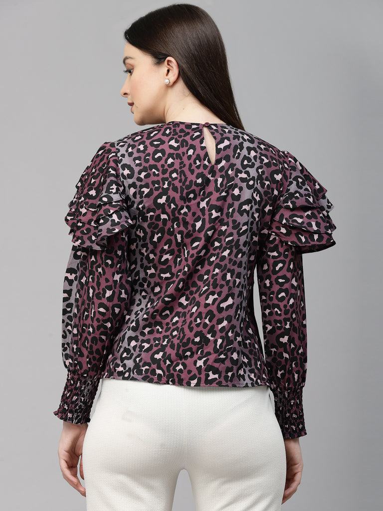 Style Quotient Women Purple and Black Polyester Animal Printed Regular Smart Casual Top-Tops-StyleQuotient