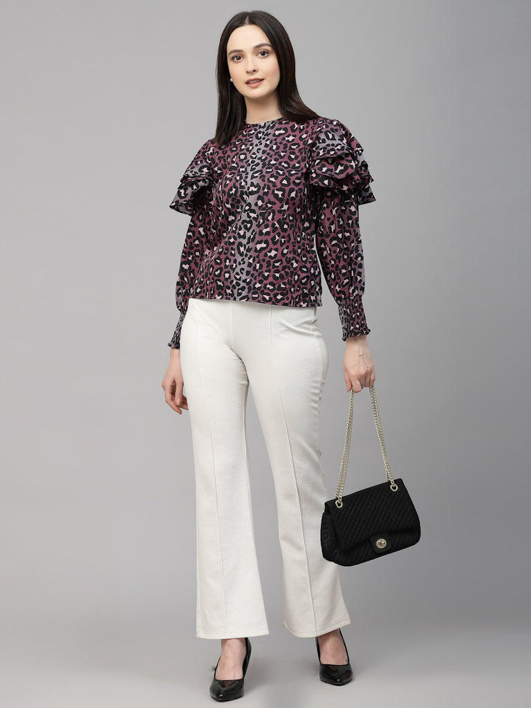 Style Quotient Women Purple and Black Polyester Animal Printed Regular Smart Casual Top-Tops-StyleQuotient