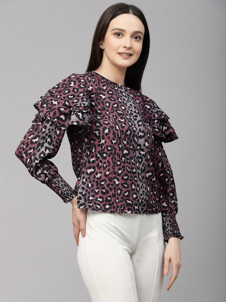 Style Quotient Women Purple and Black Polyester Animal Printed Regular Smart Casual Top-Tops-StyleQuotient