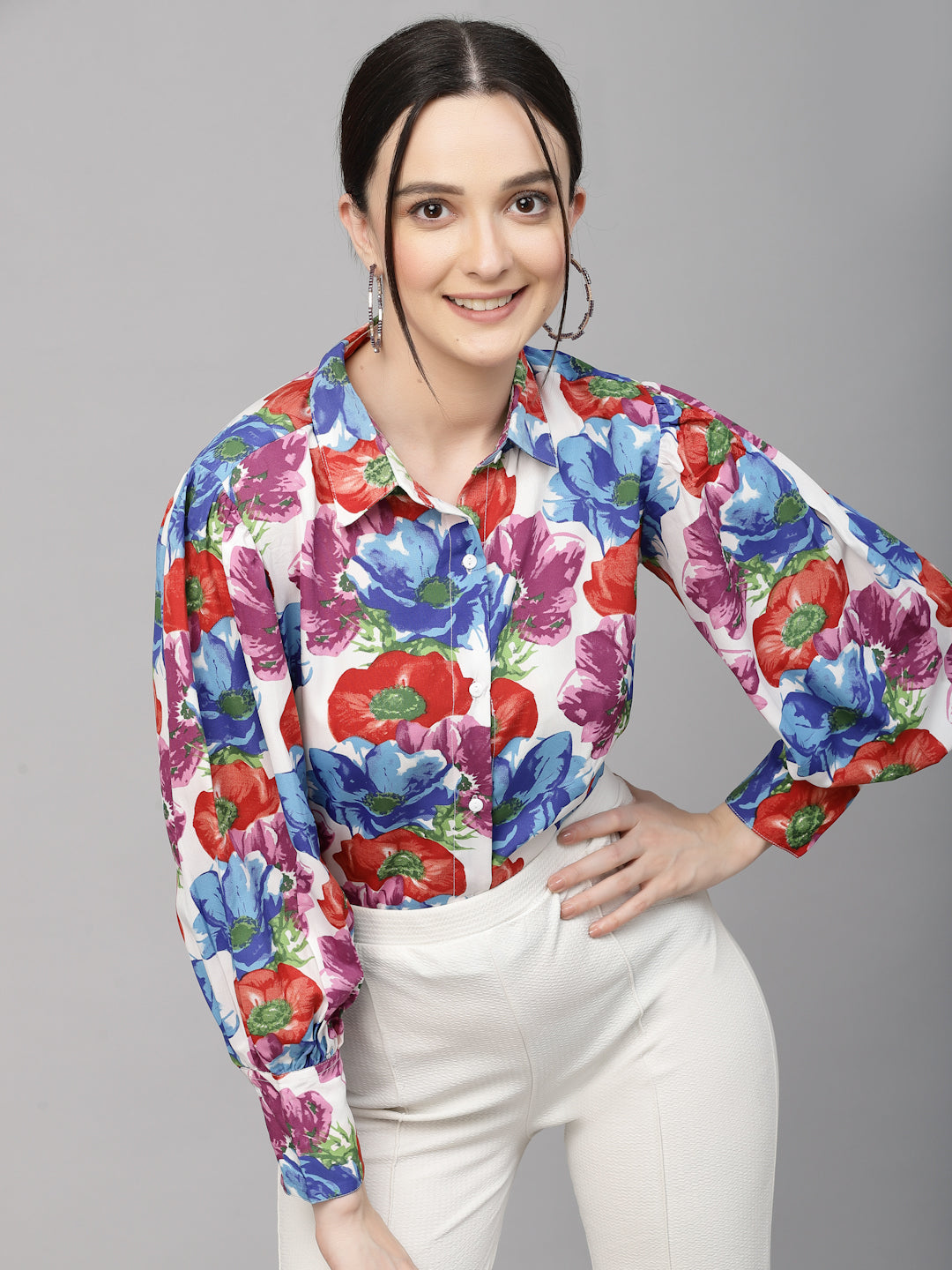 Style Quotient Women White and Multi Floral Polyester Regular Smart Casual Shirt-Shirts-StyleQuotient