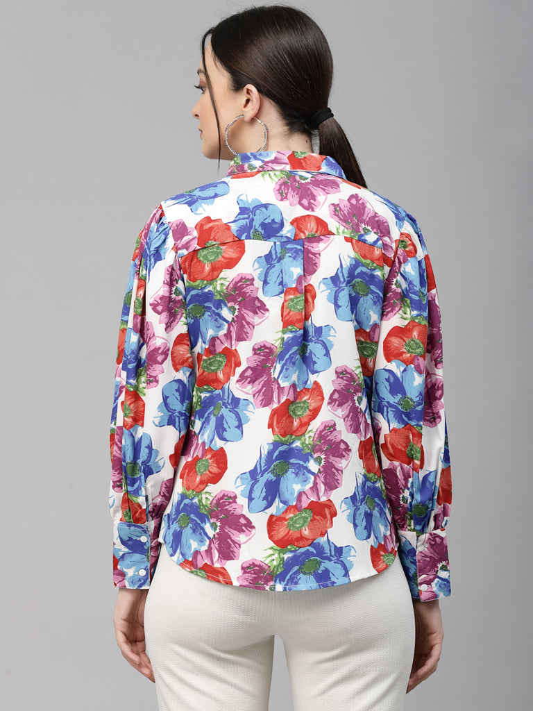 Style Quotient Women White and Multi Floral Polyester Regular Smart Casual Shirt-Shirts-StyleQuotient