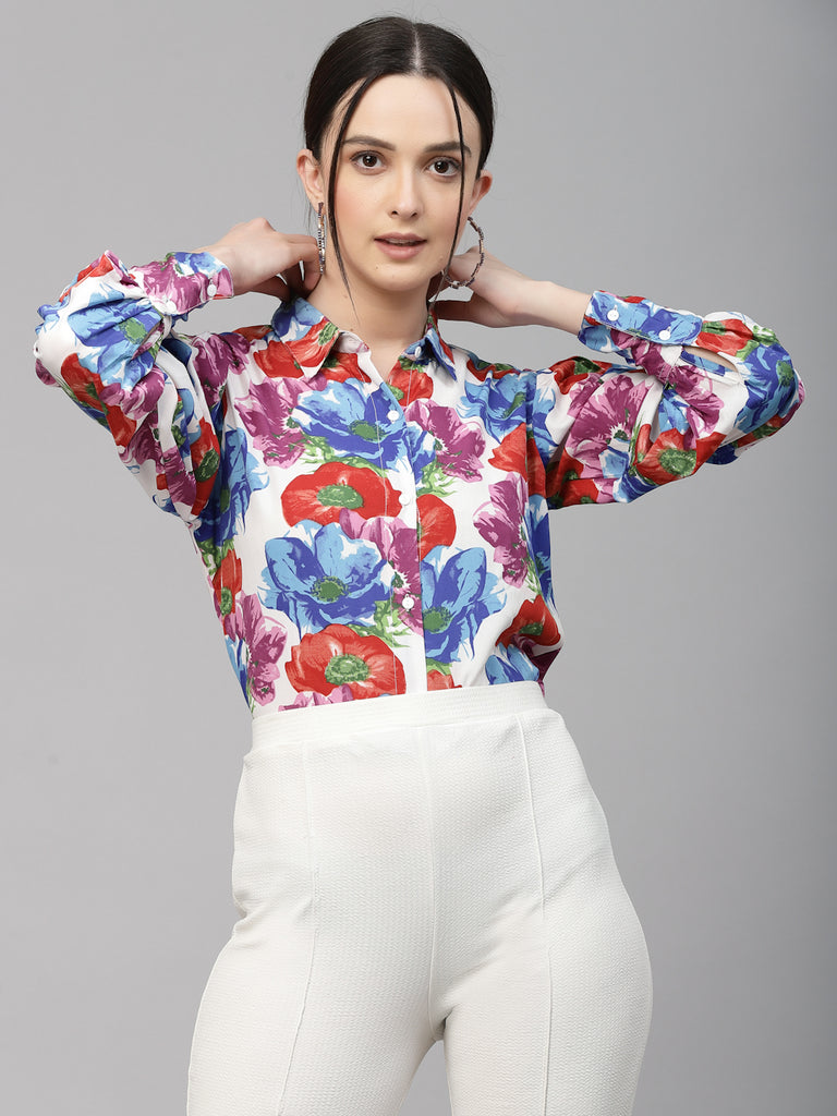 Style Quotient Women White and Multi Floral Polyester Regular Smart Casual Shirt-Shirts-StyleQuotient