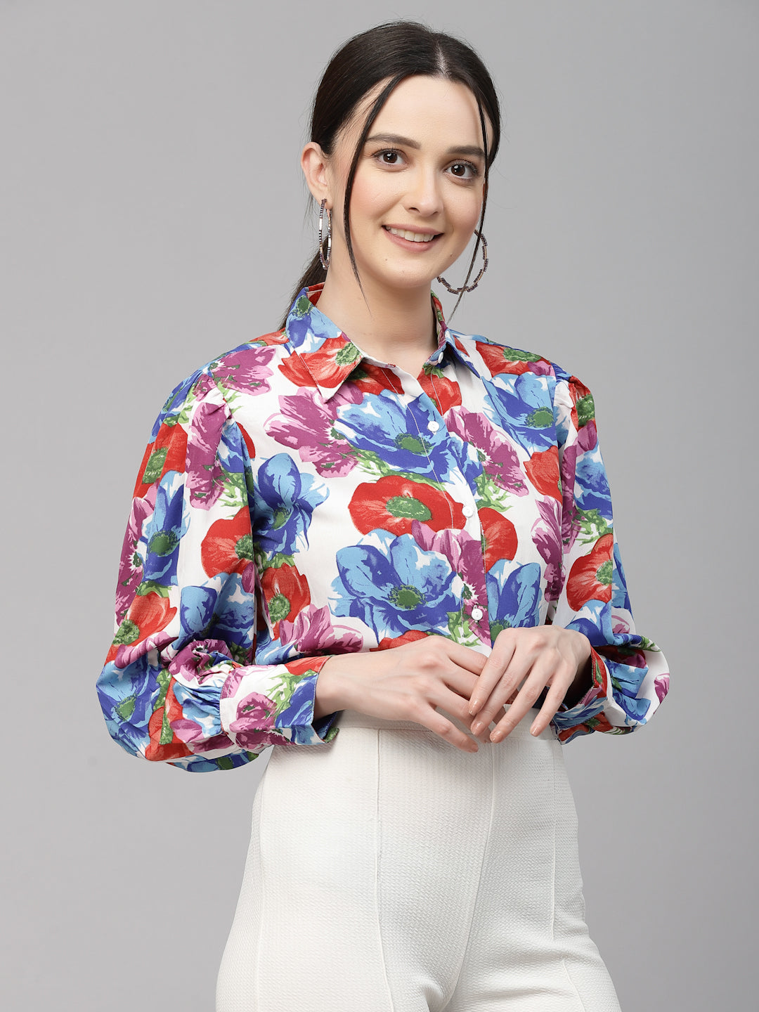 Style Quotient Women White and Multi Floral Polyester Regular Smart Casual Shirt-Shirts-StyleQuotient