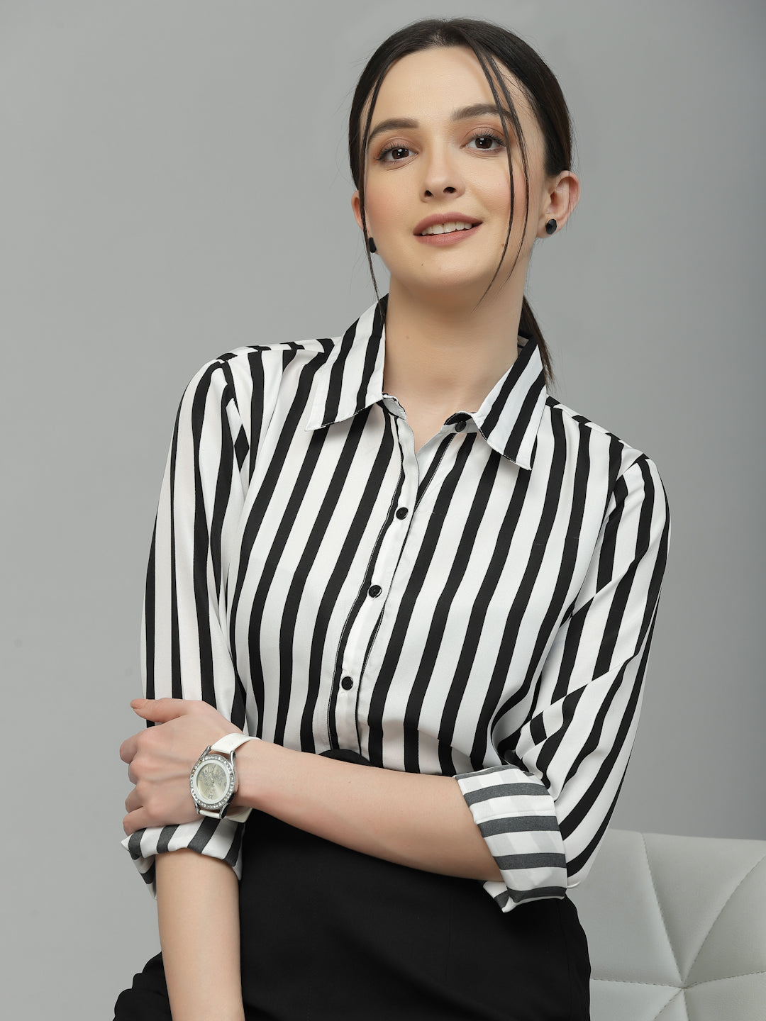 black and white dress shirt womens Women's White, Banded Collar, Long Sleeve Dress Shirt with Black Piping