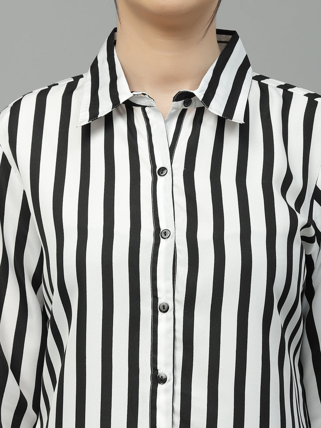 Style Quotient Women Black And White Stripe Polyester Regular Semi Formal Shirt-Shirts-StyleQuotient