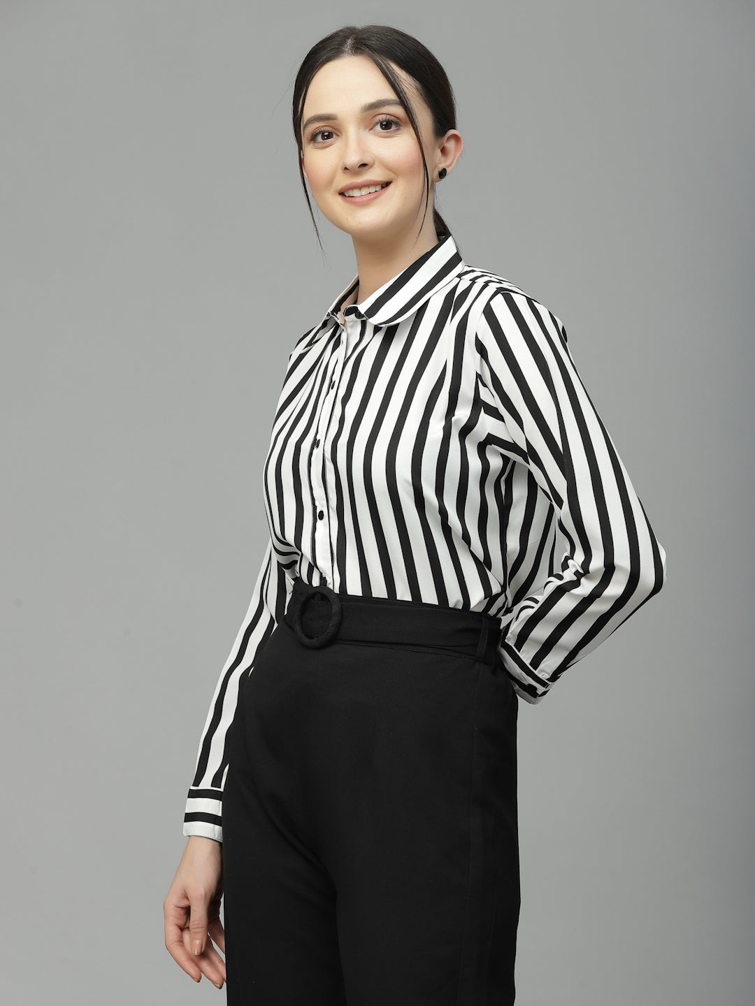 Style Quotient Women Black And White Stripe Polyester Regular Semi Formal Shirt-Shirts-StyleQuotient