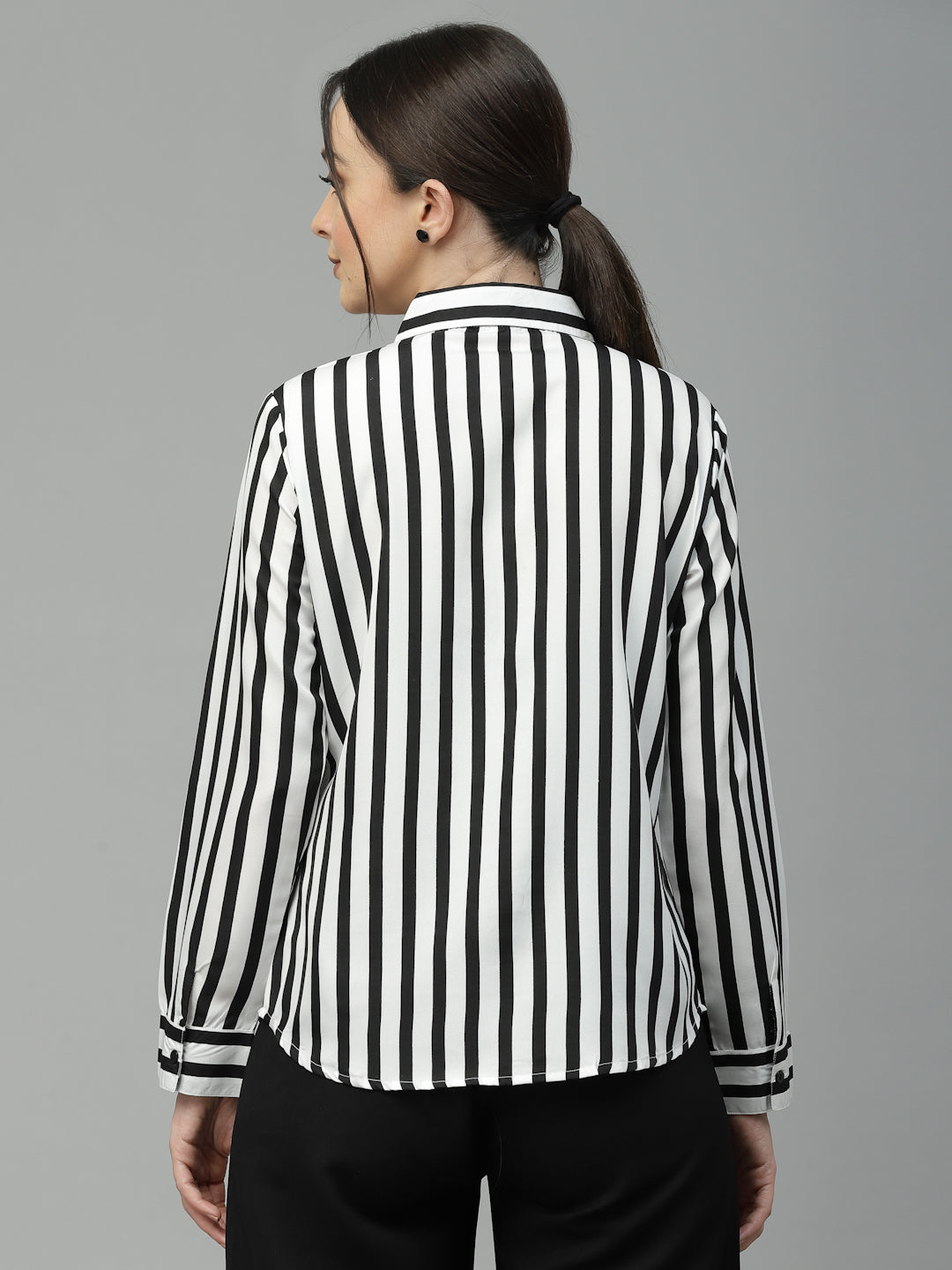 Style Quotient Women Black And White Stripe Polyester Regular Semi Formal Shirt-Shirts-StyleQuotient