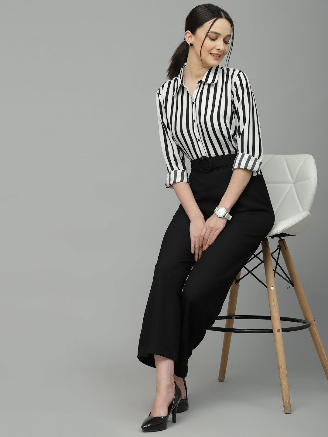 Style Quotient Women Black And White Stripe Polyester Regular Semi Formal Shirt-Shirts-StyleQuotient