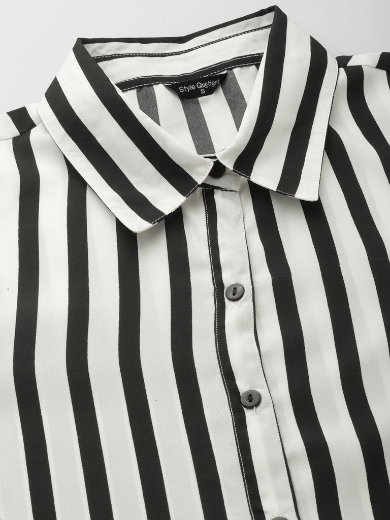 Style Quotient Women Black And White Stripe Polyester Regular Semi Formal Shirt-Shirts-StyleQuotient