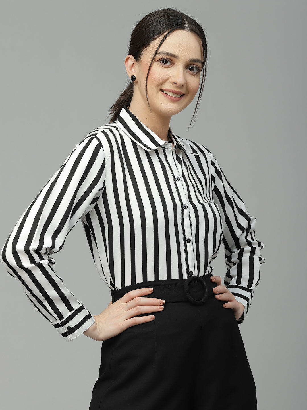 Style Quotient Women Black And White Stripe Polyester Regular Semi Formal Shirt-Shirts-StyleQuotient