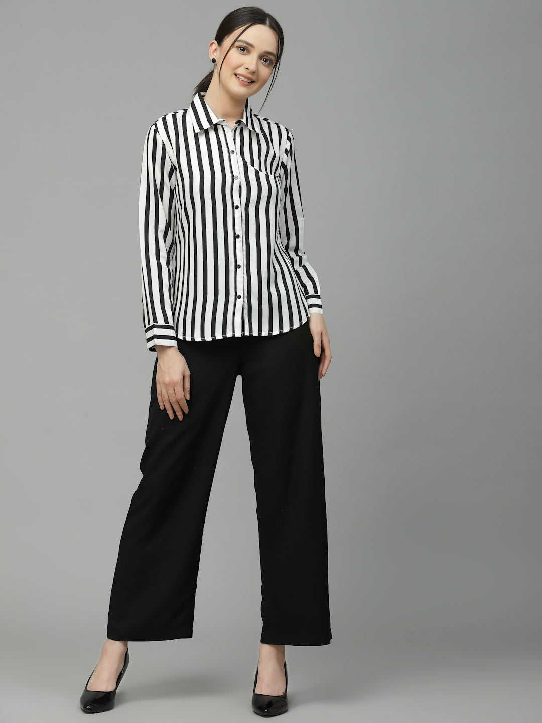 Style Quotient Women Black And White Stripe Polyester Regular Semi Formal Shirt-Shirts-StyleQuotient