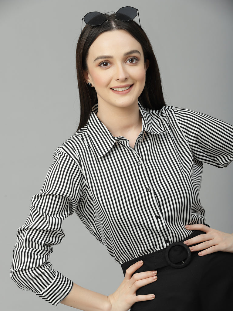 Style Quotient Women Black And White Stripe Polyester Regular Semi Formal Shirt-Shirts-StyleQuotient