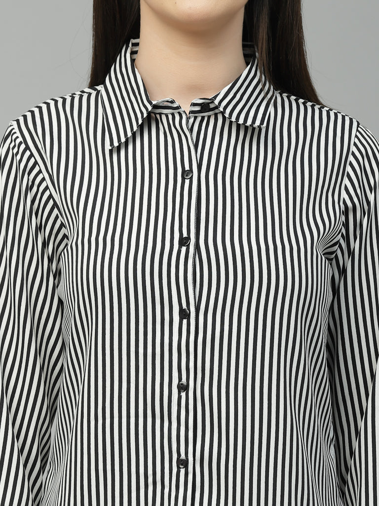 Style Quotient Women Black And White Stripe Polyester Regular Semi Formal Shirt-Shirts-StyleQuotient