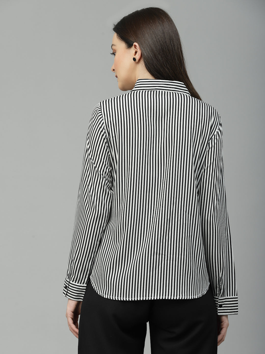 Style Quotient Women Black And White Stripe Polyester Regular Semi Formal Shirt-Shirts-StyleQuotient