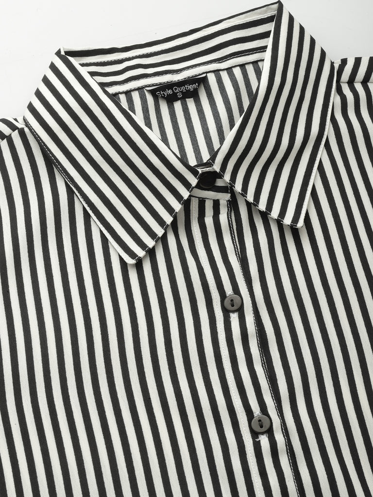 Style Quotient Women Black And White Stripe Polyester Regular Semi Formal Shirt-Shirts-StyleQuotient