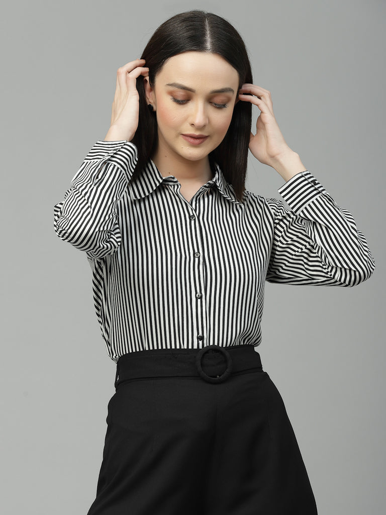 Style Quotient Women Black And White Stripe Polyester Regular Semi Formal Shirt-Shirts-StyleQuotient