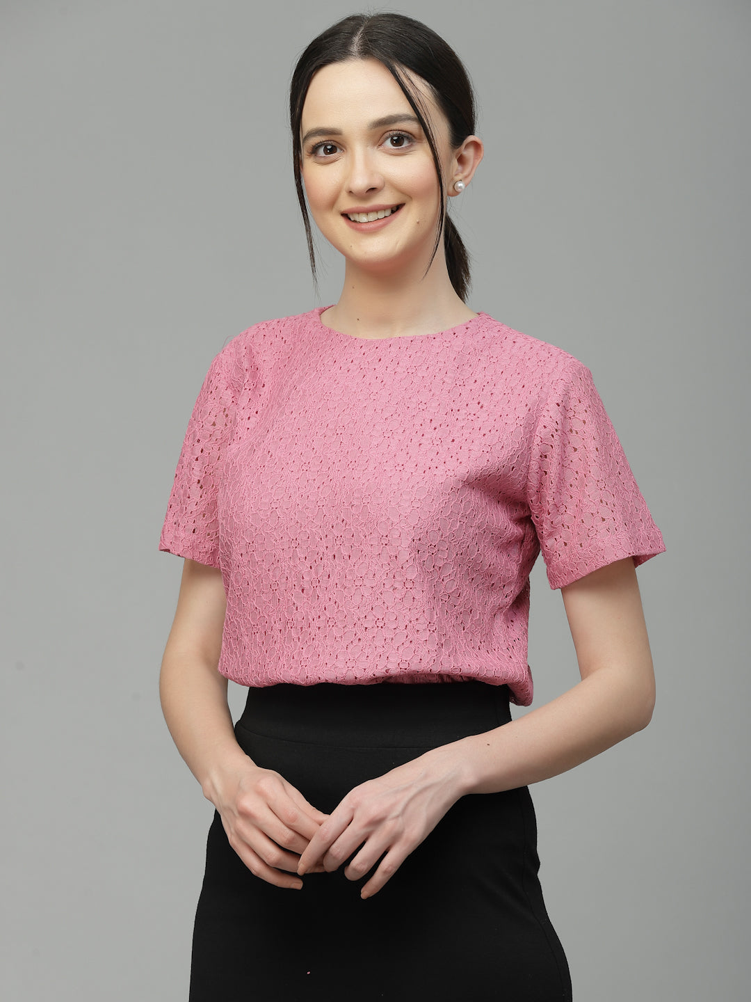 Style Quotient Women Pink Self Design Cotton Lace Regular Smart Casual Top-Tops-StyleQuotient