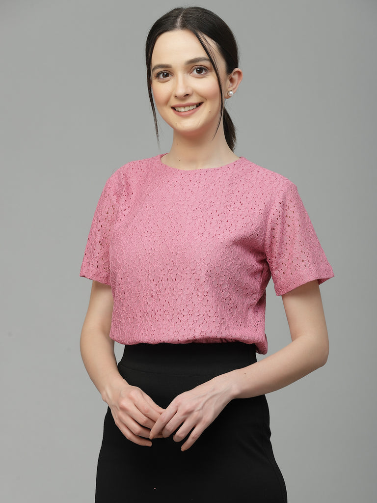 Style Quotient Women Pink Self Design Cotton Lace Regular Smart Casual Top