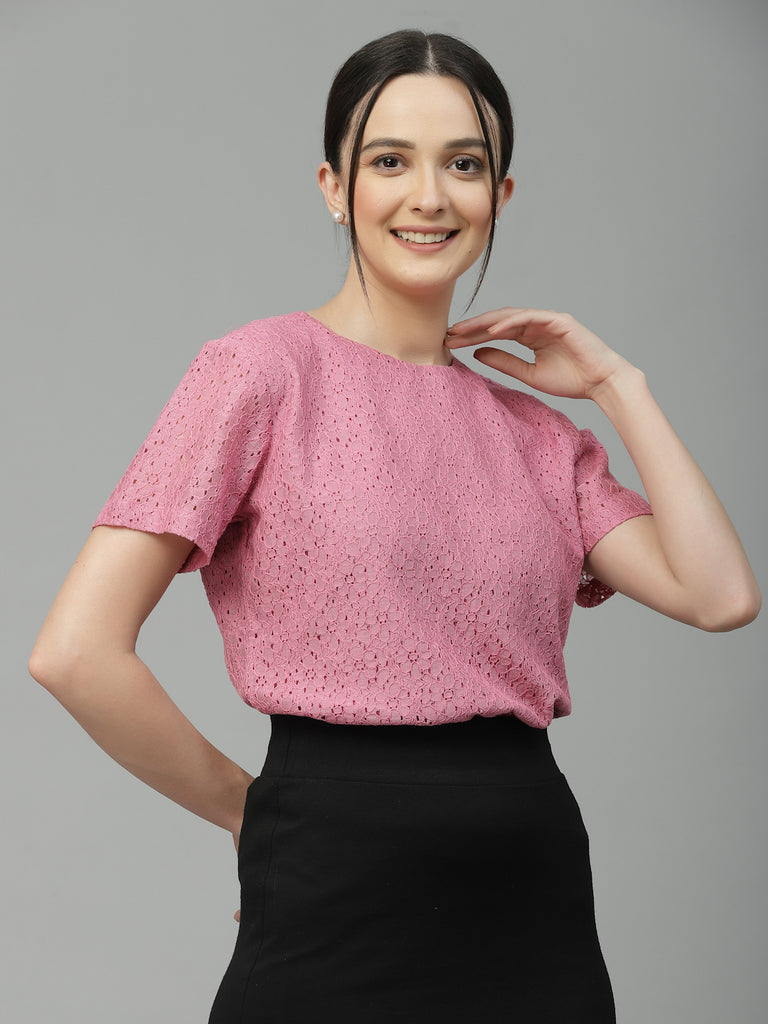 Style Quotient Women Pink Self Design Cotton Lace Regular Smart Casual Top-Tops-StyleQuotient