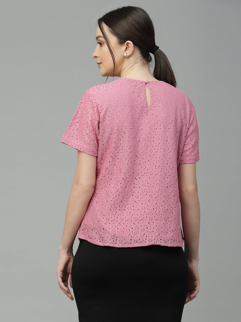 Style Quotient Women Pink Self Design Cotton Lace Regular Smart Casual Top-Tops-StyleQuotient