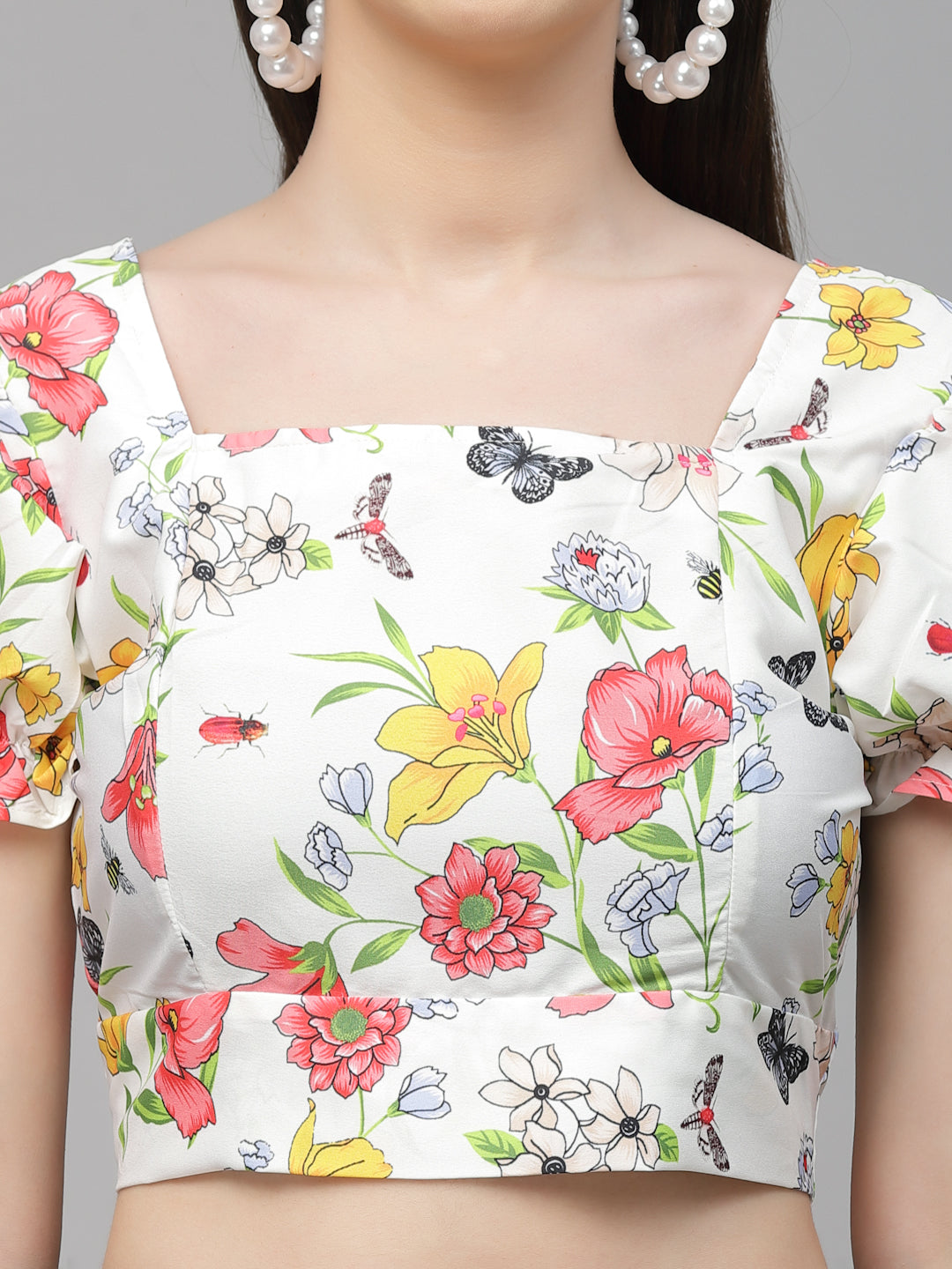 Style Quotient Women White And Multi Floral Polyester Regular Smart Casual Crop Top-Tops-StyleQuotient