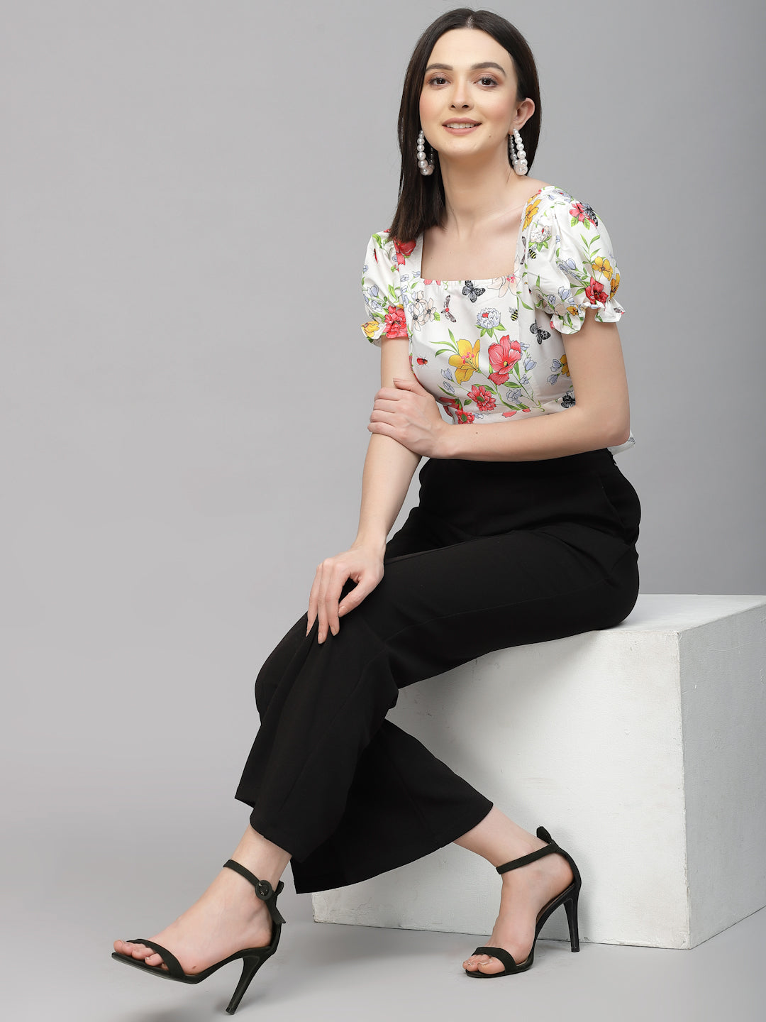 Style Quotient Women White And Multi Floral Polyester Regular Smart Casual Crop Top-Tops-StyleQuotient